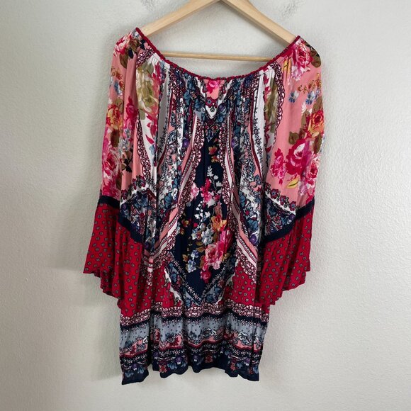 Bila Womens Plus XXL Multicolor Boho Tunic Top Floral Tassel Tie Shirt - Picture 11 of 11